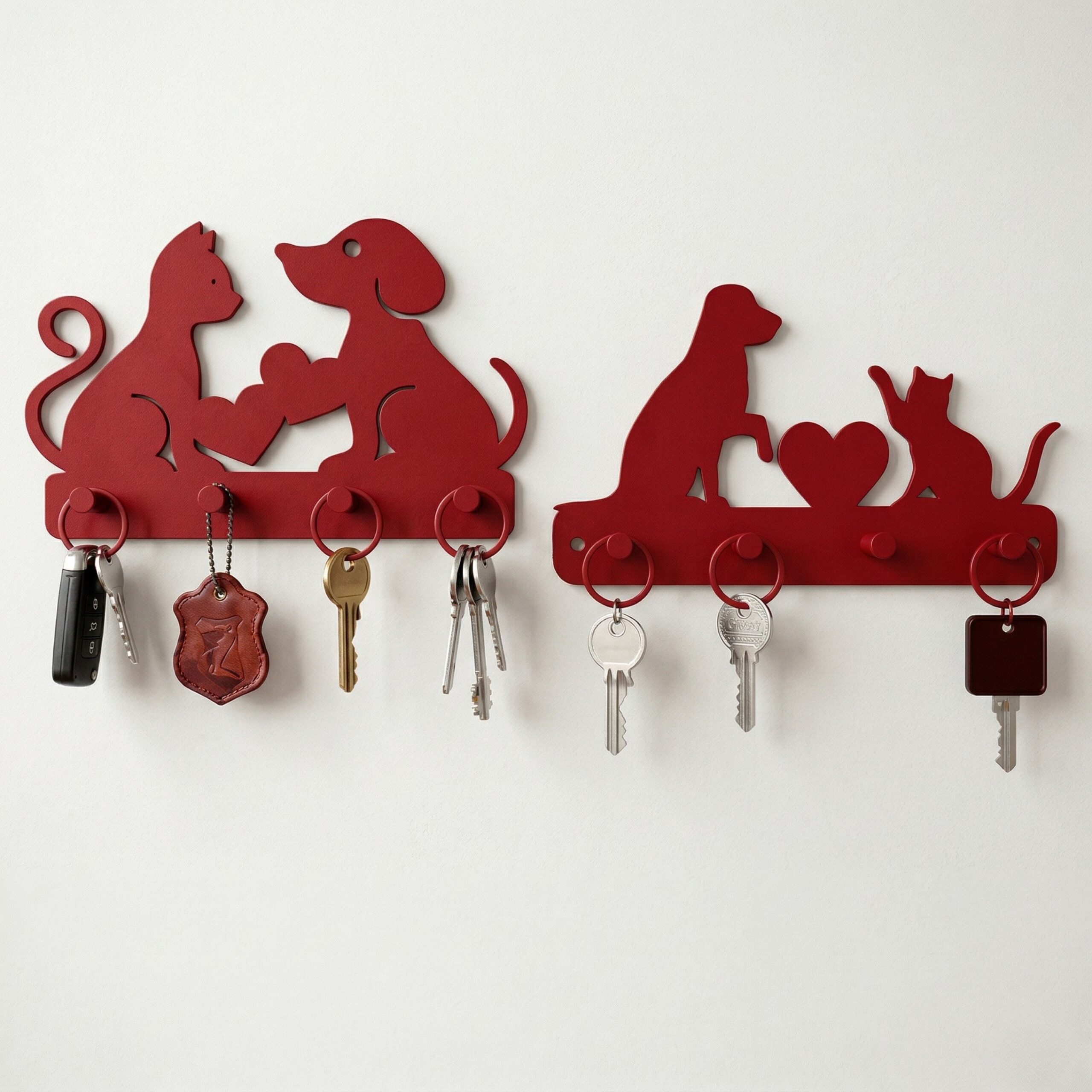 "Pet Love" Dog & Cat Silhouette Key Holder - 3D Printed Wall Mounted Key Hanger, Leash Hook & Cute Animal Decor for Entryway Organization