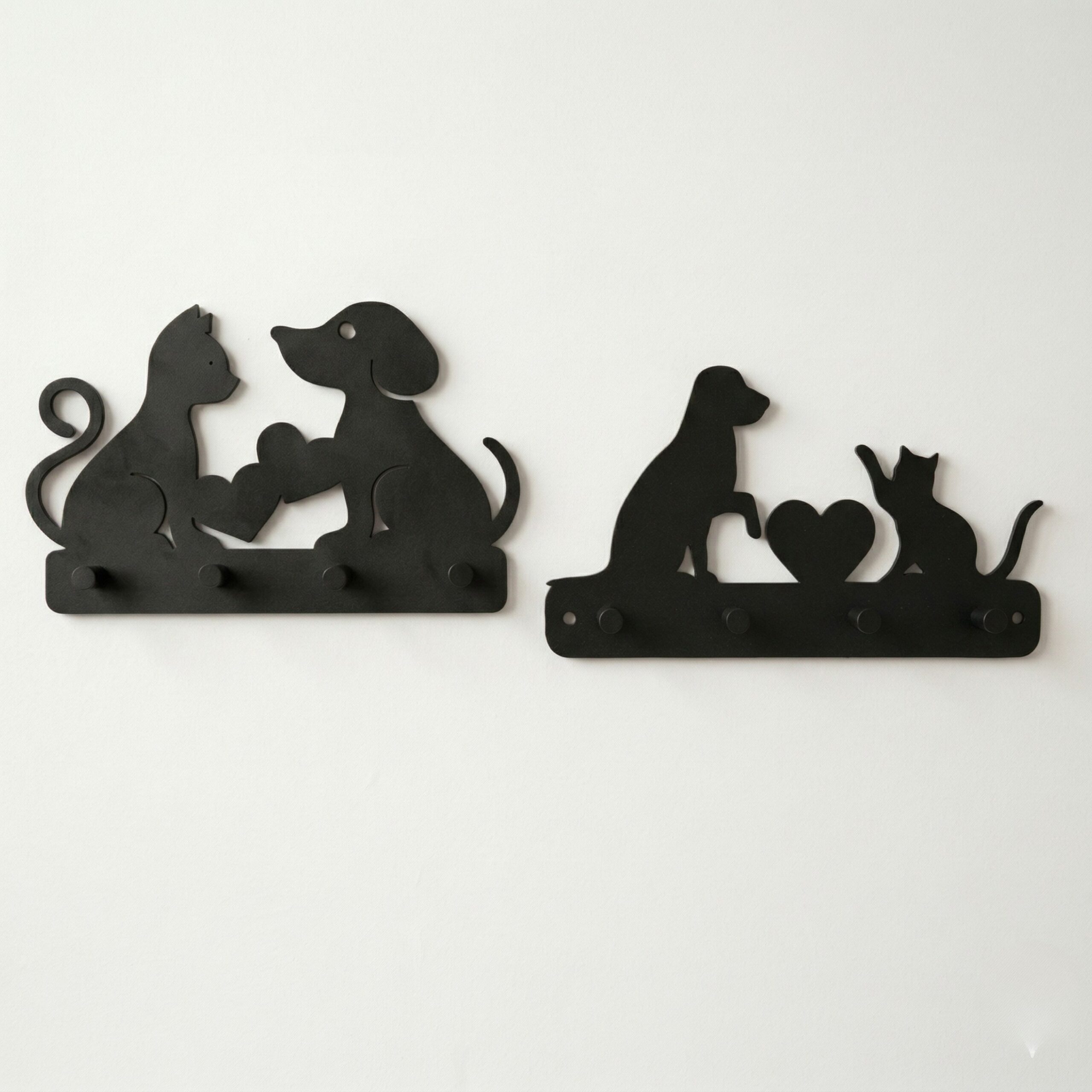 "Pet Love" Dog & Cat Silhouette Key Holder - 3D Printed Wall Mounted Key Hanger, Leash Hook & Cute Animal Decor for Entryway Organization