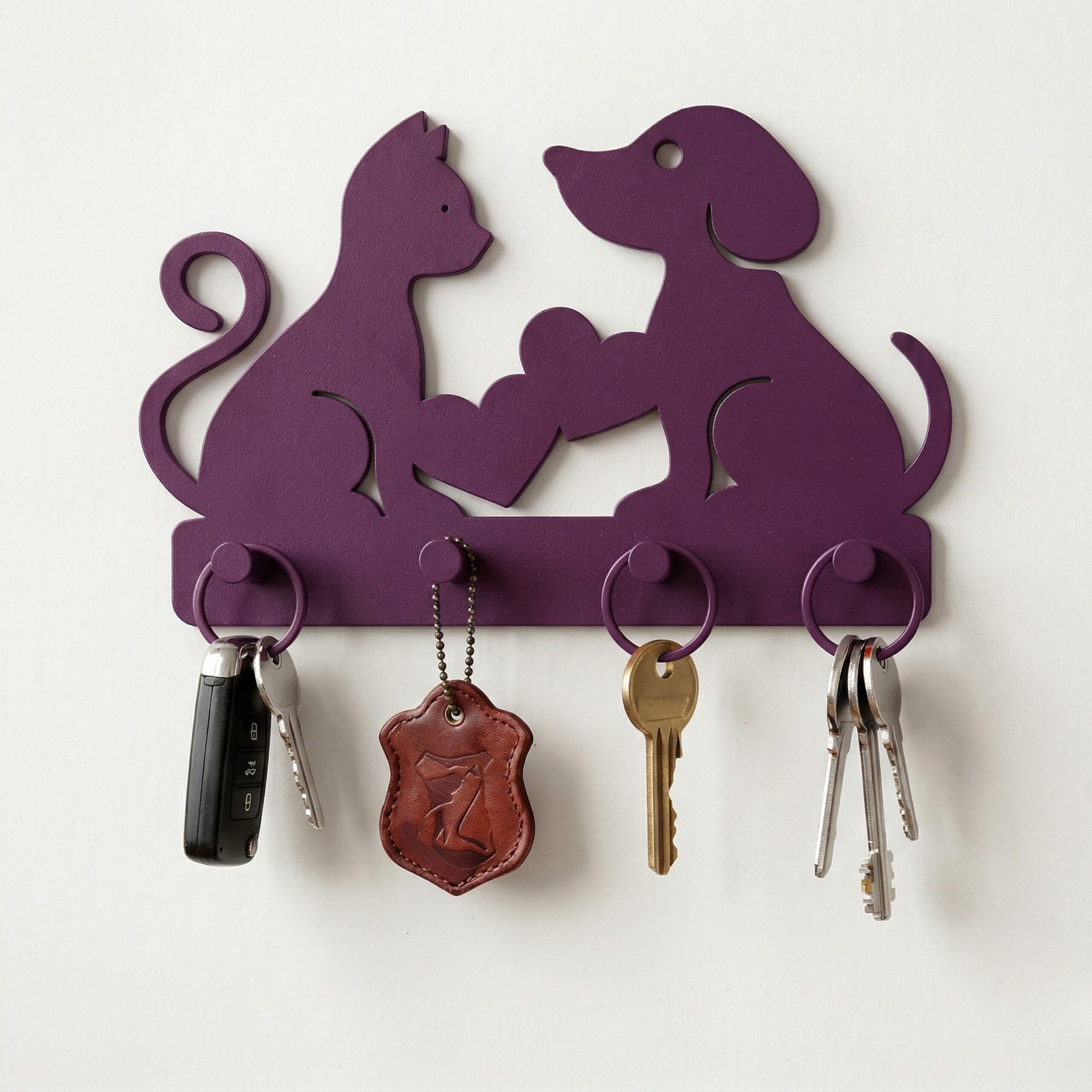"Pet Love" Dog & Cat Silhouette Key Holder - 3D Printed Wall Mounted Key Hanger, Leash Hook & Cute Animal Decor for Entryway Organization